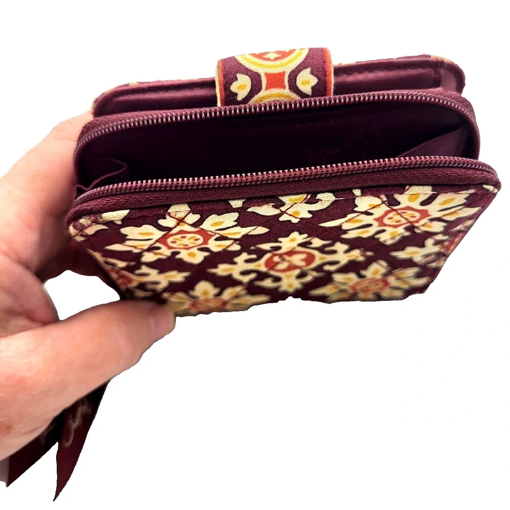 Vera Bradley Bifold Mini Zip Wallet Burgundy Gold Floral Medallions - Picture 5 of 8